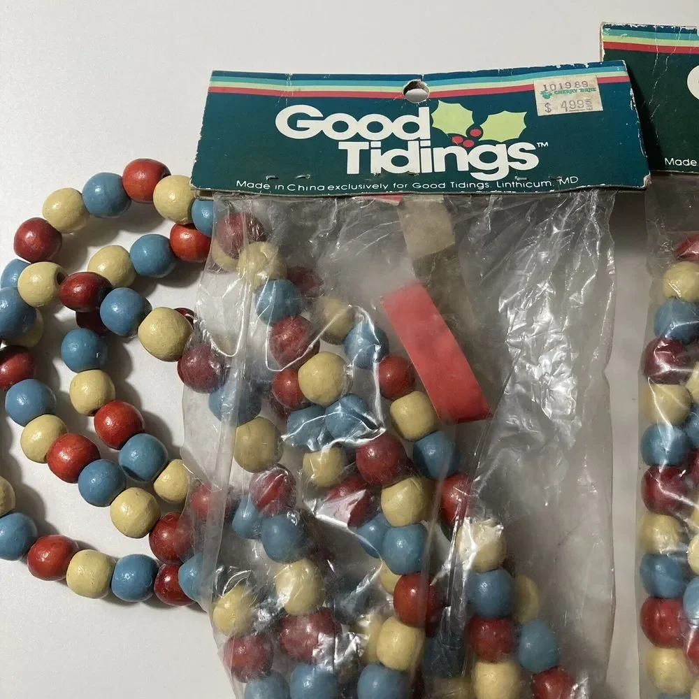 Vintage wood bead garland christmas boho New Old Stock Two Packs Read Desc VTG